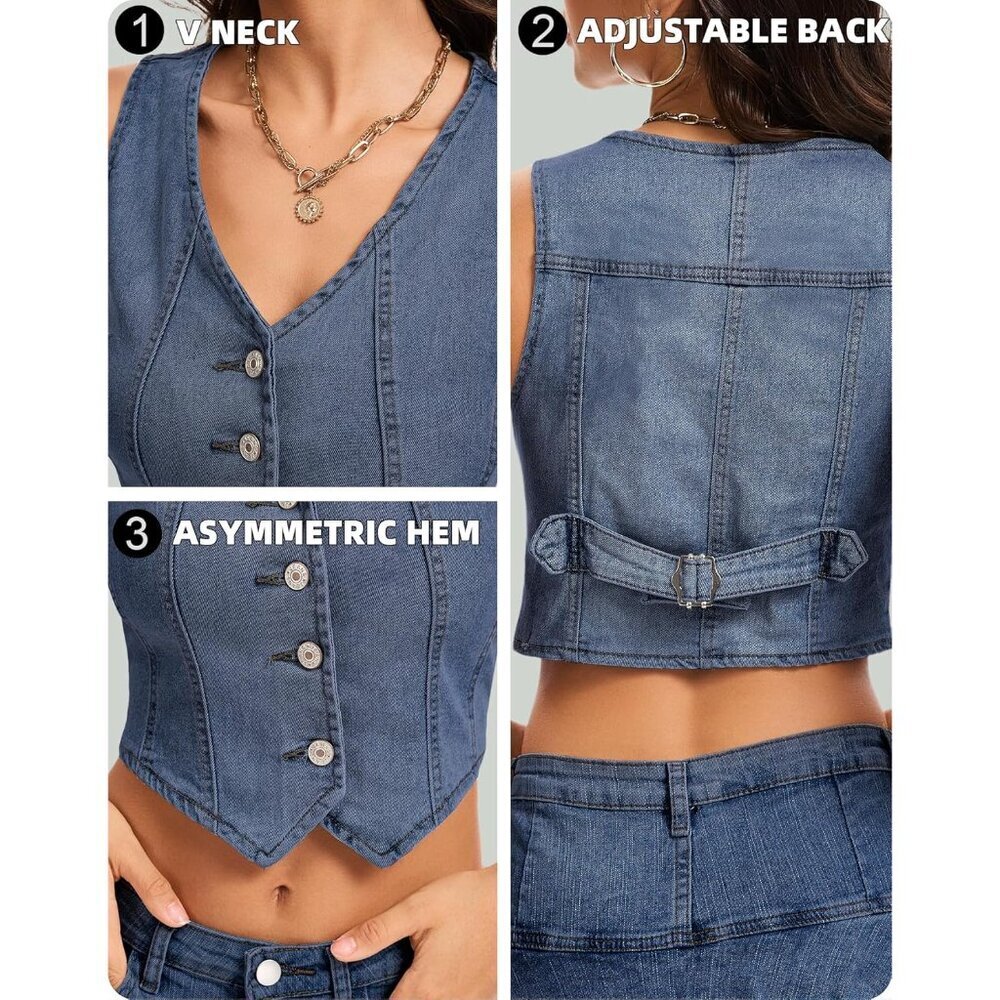 Women Denim Vest Cropped Waistcoat Sleeveless Jean Top Casual Festival - Picture 4 of 7